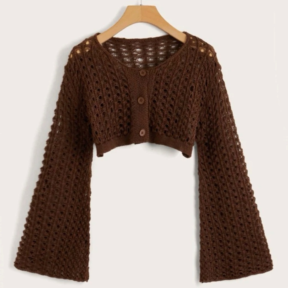 Romwe Hollow Out Button Front Crop Cardigan